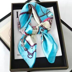 NWT Equestrian Square Scarf Blue Pink Silk Satin Fashion Neck Hair Accessory
